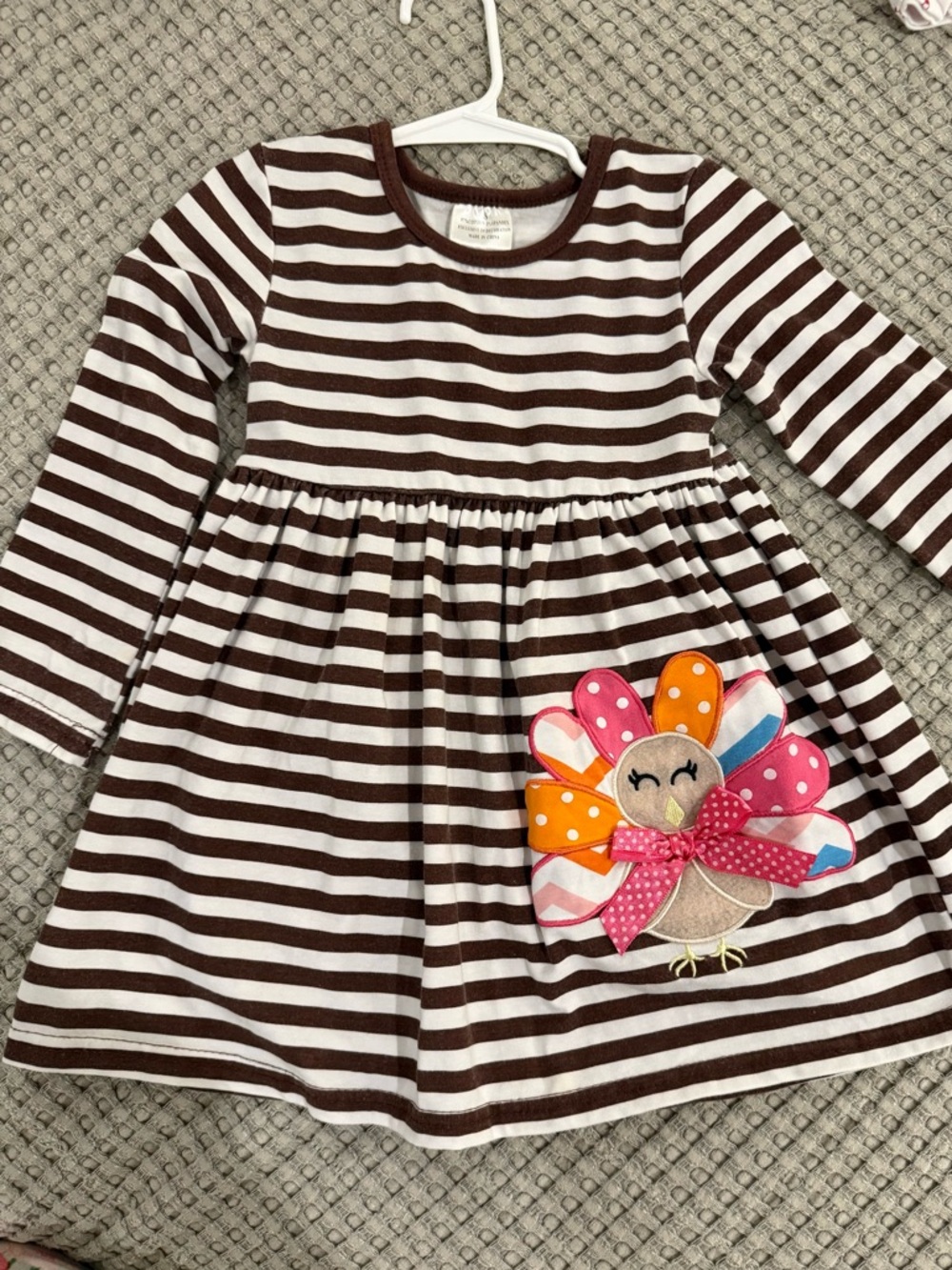 Girls' Brown and White Striped Long-Sleeve Dress with Colorful Turkey Applique